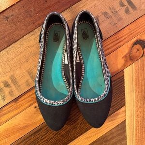 RARE Vans Women's Black Ballet Flats with Leopard Trim and Teal Insole Sz 9
